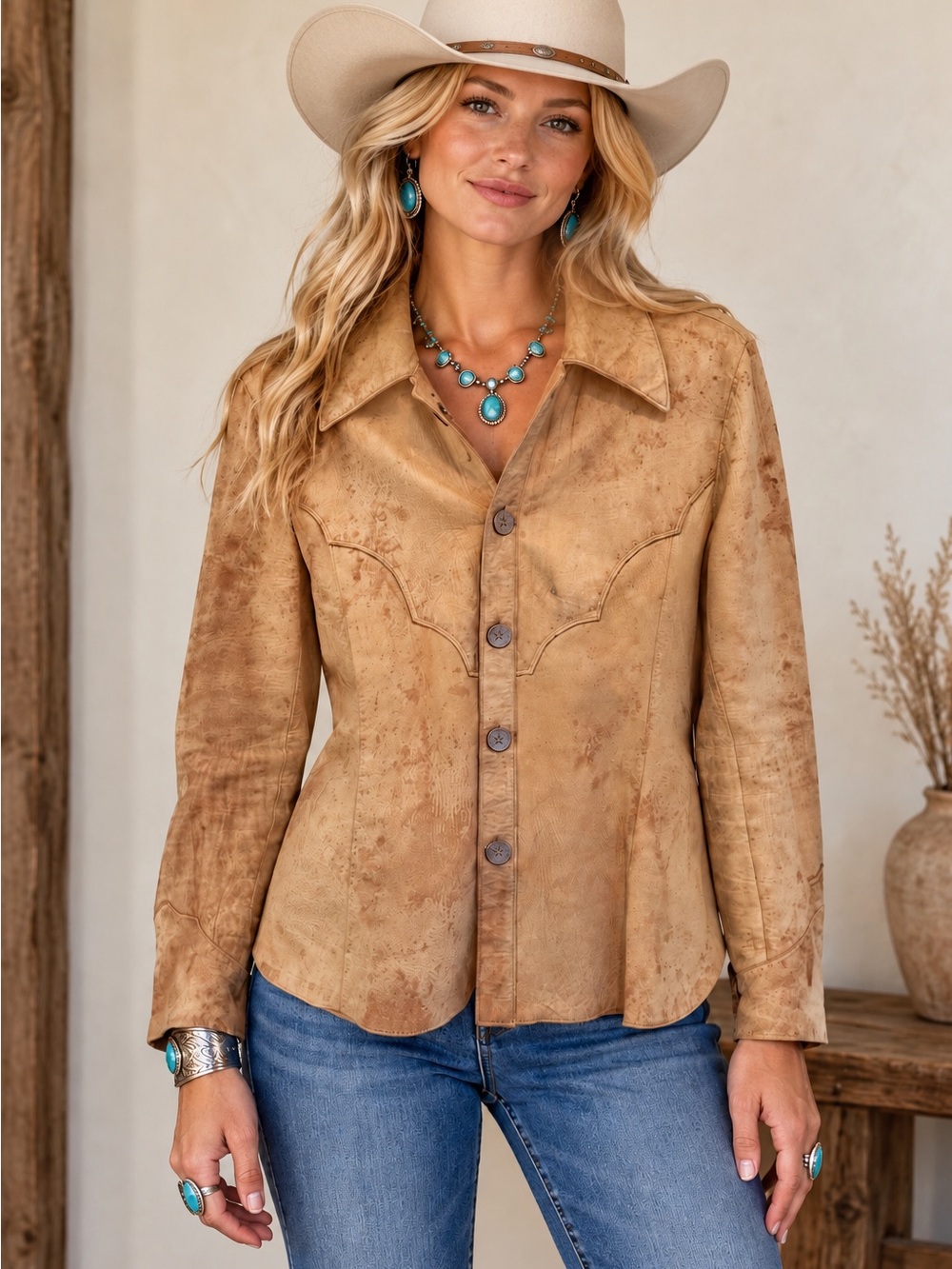 Vintage Santa Fe Leather Co Tan Western Button-Up Jacket